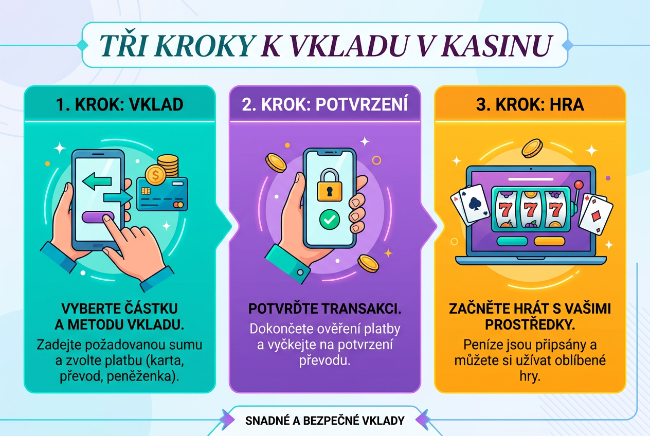 Čistá infografika zobrazující tři kroky pro vklad do kasina s českými popisky Vklad, Potvrzení a Hra
